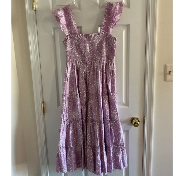 Crown & Ivy M Lavender Heart valentines Sleeveless Smocked Tiered Midi Dress - Picture 2 of 6